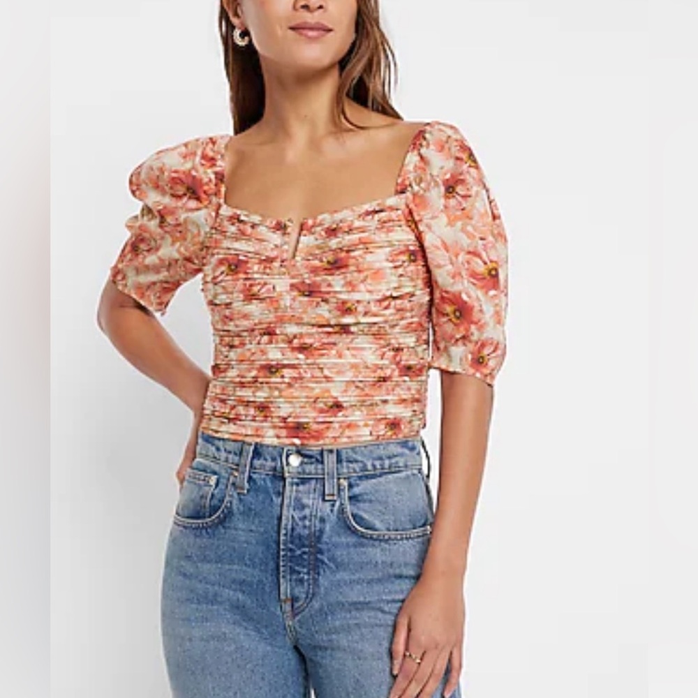 Express Floral Puff Sleeve Pintuck Pleated Blouse Ruched Cropped Feminine NWT